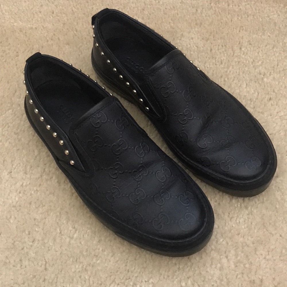 Gucci Black Leather Studded GG Slip on sneakers 36